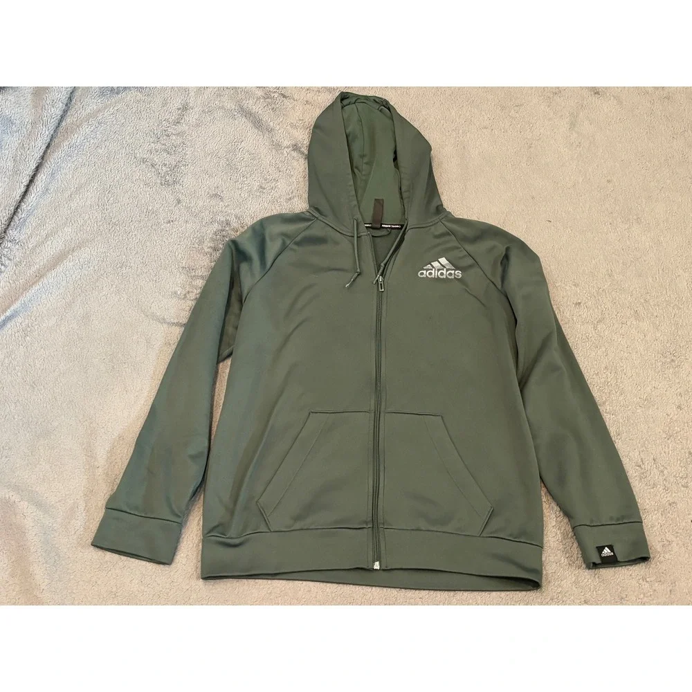 Adidas Training Mens Green Full Zip Hoodie Sweatshirt Recycled Polyester Medium